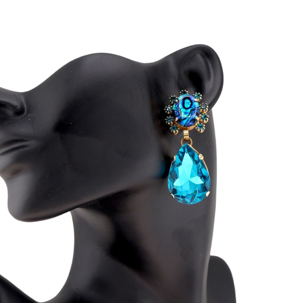 Elizabeth Cole Seraphina Halo Drop Earrings Teal Crystal‎ Abalone EUC